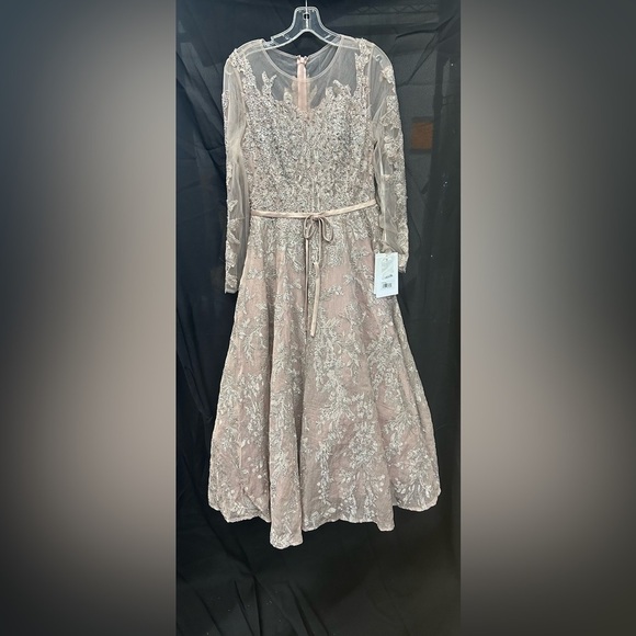 Mac Duggal 20337 NWT EMBELLISHED BOW BELT ILLUSION LONG SLEEVE A LINE DRESS - Picture 5 of 9